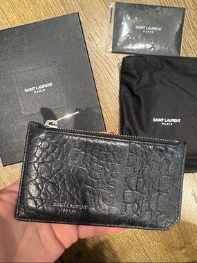 Saint Laurent Black Croc-Embossed Leather Zip Card Holder